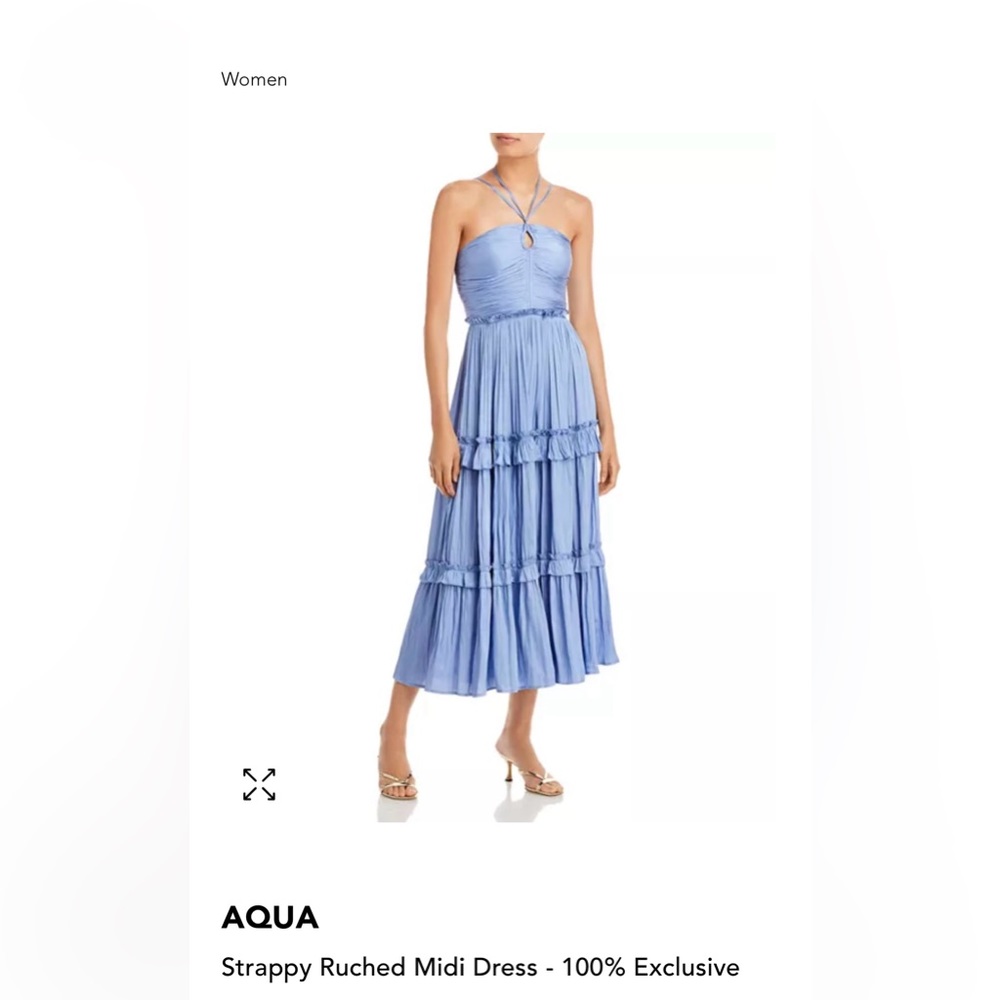 Bloomingdale’s Aqua Strappy Ruched Midi Dress in light blue. Size medium
